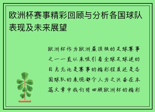 欧洲杯赛事精彩回顾与分析各国球队表现及未来展望