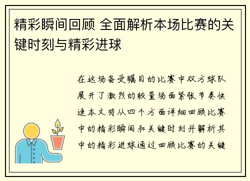 精彩瞬间回顾 全面解析本场比赛的关键时刻与精彩进球